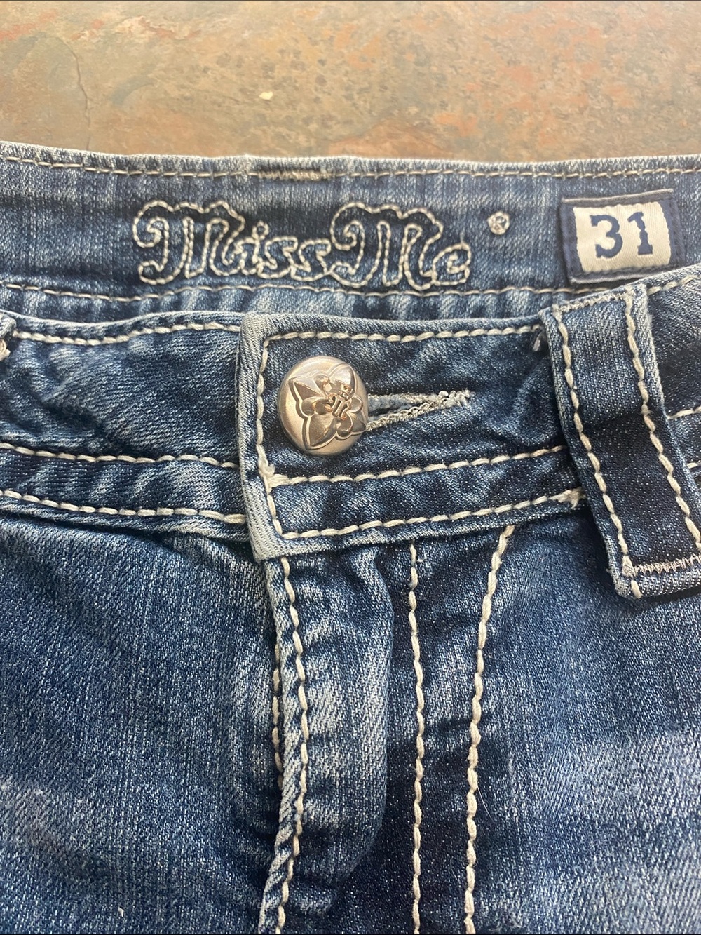 Miss Me Blue Denim Shorts with Ivory Embroidery - Picture 2 of 11
